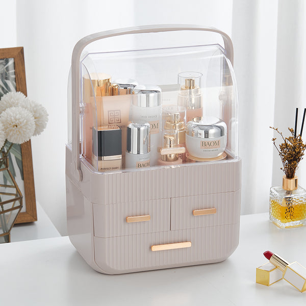 3-Tier Pink Jewelry Storage Box with Protective Lids, Plastic Makeup Organizer Features Multi-Drawer System, Desktop Display Case 24.6x18.6x35.3cm Perfect for Organizing Lipsticks, Cosmetics and Jewelry Pieces on Bathroom Counter and Dresser Top