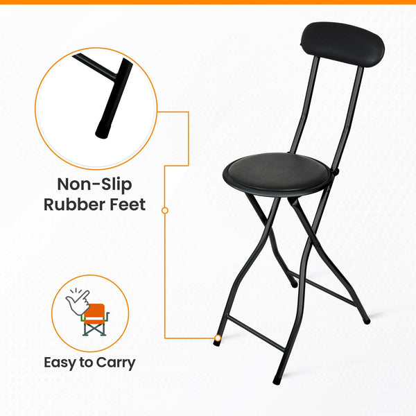 Black Folding Bar Stool Padded High Back Chair Stools For Breakfast Bars Kitchens Foldable Seat Non Slip Feet Durable Frame Lightweight Easy to Fold Ready to Use