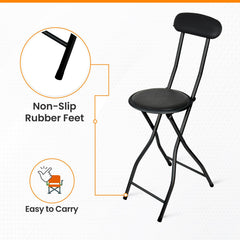 Black Folding Bar Stool Padded High Back Chair Stools For Breakfast Bars Kitchens Foldable Seat Non Slip Feet Durable Frame Lightweight Easy to Fold Ready to Use