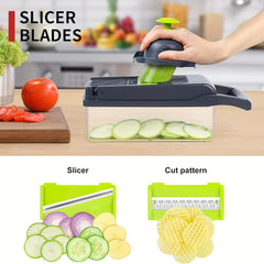 16-In-1 Vegetable Chopper - Multifunctional Manual Food Slicer, Kitchen Vegetable Slicer with Container, Onion, Carrot, Garlic, And Non-Rechargeable Plastic Kitchen Small Tool Set with Drainage Basket