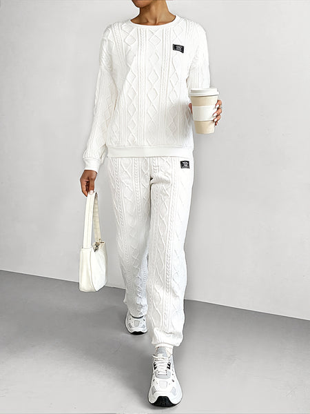 Drop-shoulder Round-neck Long-sleeve Sweatshirt with Patchwork, Y Long Pants Casual Set