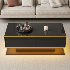 Modern LED Coffee Table, 100Cm High Gloss White Coffee Table, with 3 Drawers And RGB Light Strips, Adjustable Color/Brightness, Gold Edge, PB Board Material, Suitable for Living Room, Bedroom, Lounge, Studio - with a Load-Bearing Capacity of 50Kg And Spac
