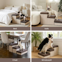 Foldable Dog Stairs, 3 Tier Pet Steps with Storage, Adjustable Dog Ramp for Bed and Sofa, Soft Flannel Pet Stairs for Small & Medium Dogs and Cats