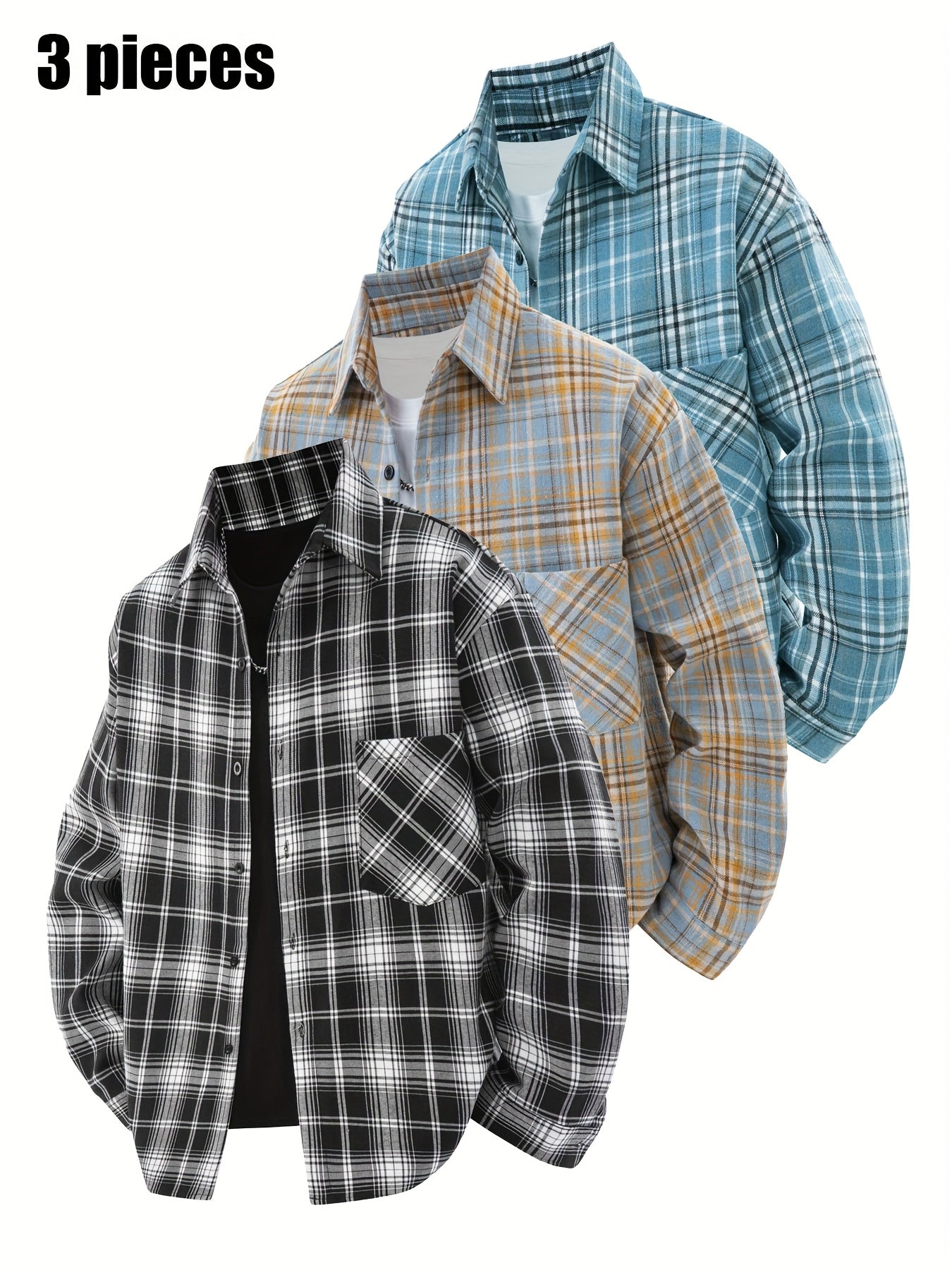 3pcs Set - Men'S Spring/Autumn Collared Checkered Shirt Youth Outdoor Casual Trendy Top Men'S Fashion Versatile Jacket