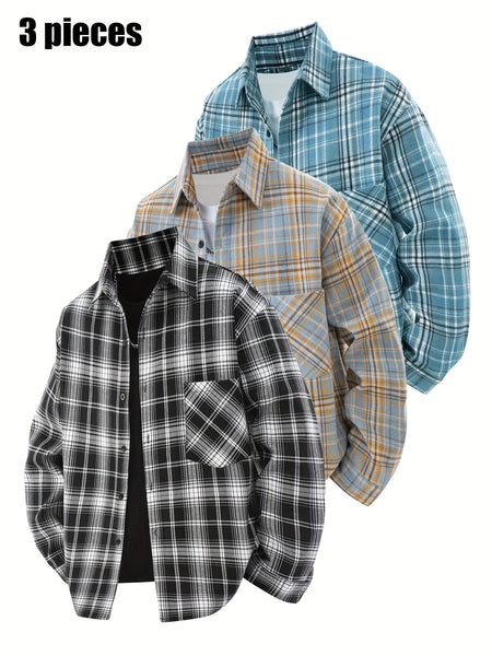 3pcs Set - Men'S Spring/Autumn Collared Checkered Shirt Youth Outdoor Casual Trendy Top Men'S Fashion Versatile Jacket