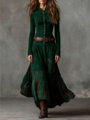 A Retro-Style Maxi Dress Featuring a Stand Collar, Single-Breasted Buttons, And a Waist-Cinched Design with Pockets And a, Adorned with Contrasting Check Patterns, Ideal for Daily Wear And Vintage-Themed Events