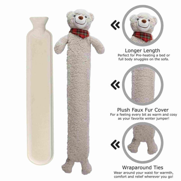 ADEPTNA Extra Long Hot Water Bottle with Sherpa Animal Character - Soft Plush Faux Fur Cover - Comfortable, Safe, Anti-Leak - Body Hot Water Bottle for Neck and Shoulder, Back, Legs, Waist