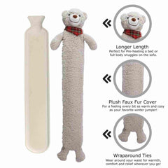 ADEPTNA Extra Long Hot Water Bottle with Sherpa Animal Character - Soft Plush Faux Fur Cover - Comfortable, Safe, Anti-Leak - Body Hot Water Bottle for Neck and Shoulder, Back, Legs, Waist
