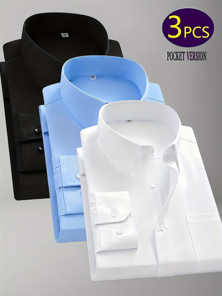 1+2, Three-Piece Solid Color Button- Shirt, Men'S Everyday Basic Shirt, Long-Sleeved Shirt with Pockets, Casual Shirt, Business Shirt, Blend, Soft And Comfortable