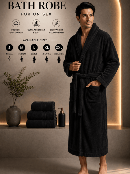 Unisex Terry Towelling Bathrobe with Shawl Collar, Soft Cotton Robe with Belt & Pockets, Comfortable Dressing Gown for Men & Women, S-XXL