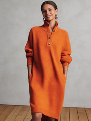 Solid Color Button- Collar Loose-Fit Dress - Straight Tube Mid-Length Dress Suitable for Office, Semi-Formal & Casual Attire - Machine Washable Dress