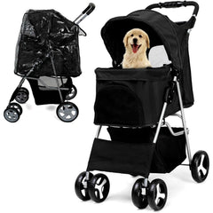 Foldable Pet Stroller With Rain Cover, Portable Foldable Outdoor Walking Cart with Large Space, Hand-Pull Design, Durable Oxford Fabric, Ergonomic Handle & Ventilation Mesh, Lightweight & Sturdy Frame For Small To Medium Dogs - Outdoor Pet Carrier, Modern