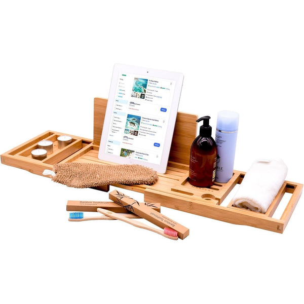 Bamboo Bath Tray, Luxury Extendable Caddy, Glass, Book, Tablet & Phone Holders - Adjustable for a Home Spa Experience
