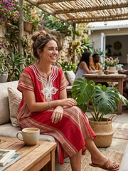 Women Boho Kaftan Dress Long Embroidered Beach Cover Up Lightweight Summer Kaftan Maxi Dress Loose Fit Swimwear Cover Up Holiday Beachwear Gandouri