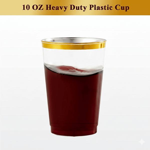 Golden Rim Plastic Cups Glasses, 10oz Plastic Gold Durable Hard Suitable for Weddings and Parties, Party Dinnerware Ware, Ideal for Birthdays, Gender Reveals, Christmas & New Year'S Celebrations