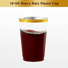 Golden Rim Plastic Cups Glasses, 10oz Plastic Gold Durable Hard Suitable for Weddings and Parties, Party Dinnerware Ware, Ideal for Birthdays, Gender Reveals, Christmas & New Year'S Celebrations