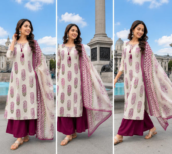 TeamWear* Women'S Cotton Embroidered Printed Kurta with palazzo & Dupatta Set with lace