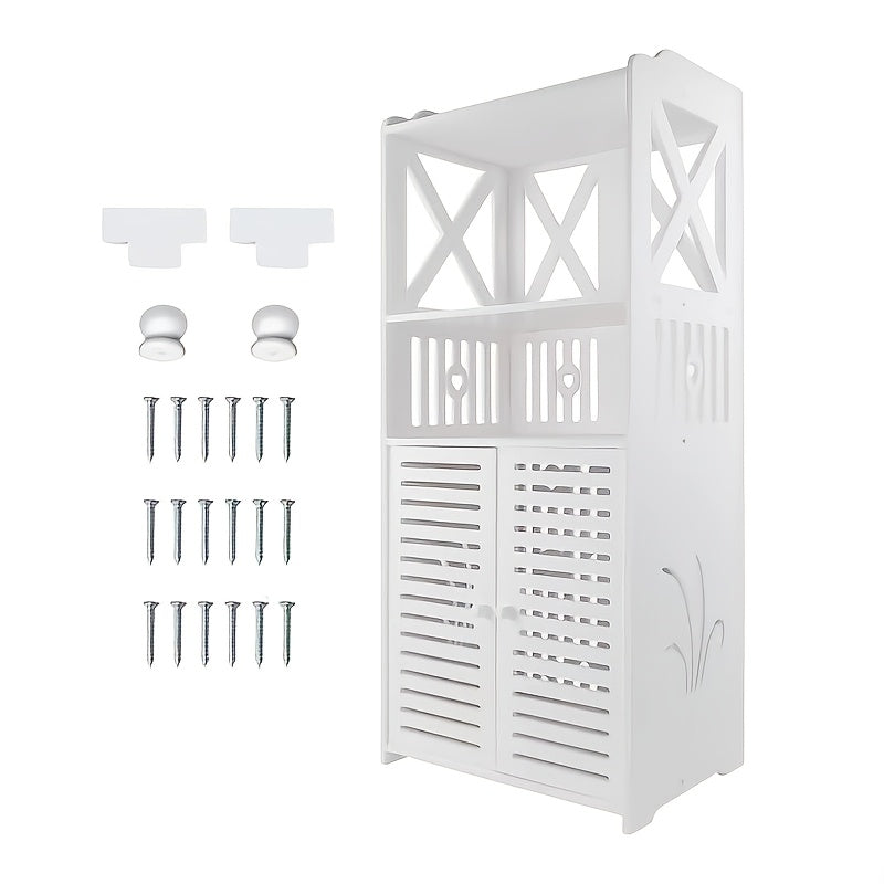 Bathroom Floor Cabinet Shelf FreeStanding Bathroom Storage Unit with Daily Use Layer And Cupboard Double Door, Multi-purpose PVC Cabinet for Store Toilet Paper, Shampoo, White 40x 25x 90cm