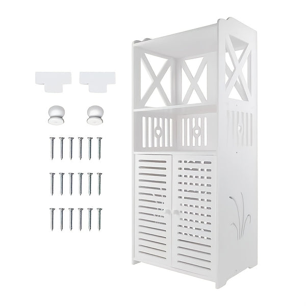Bathroom Floor Cabinet Shelf FreeStanding Bathroom Storage Unit with Daily Use Layer And Cupboard Double Door, Multi-purpose PVC Cabinet for Store Toilet Paper, Shampoo, White 40x 25x 90cm
