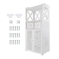 Bathroom Floor Cabinet Shelf FreeStanding Bathroom Storage Unit with Daily Use Layer And Cupboard Double Door, Multi-purpose PVC Cabinet for Store Toilet Paper, Shampoo, White 40x 25x 90cm