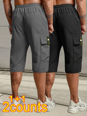 2pcs Men's Cargo Capri Pants with Drawstring Waist, Large Pockets, and Letter Patches for Summer, Fashion Casual Athletic Trousers