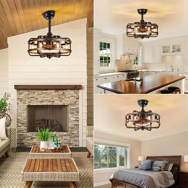 Caged Ceiling Fans with Lights, 50.8 cm Rustic Industrial Flush Mount Ceiling Fan Light, 3-Speed Quiet Reversible Motor, E14 X 6 Base Timing Fandelier Ceiling Fans for Indoor Bedroom, Kitchen, Living Room
