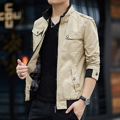 Men'S Solid Color Plaid Lining Cargo Jacket Autumn And Winter Multi-Pocket Design Stylish Long Sleeve Stand Collar Street Jacket Outdoor Coat Locomotive Jacket