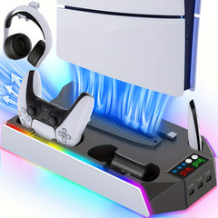 for PS5/Slim/ Pro Stand Disc & Digital Console, RGB Cooling & Charging Station with 3-Level Fan, Controller Charger for PS5 Controller, Accessories with 3 USB Ports/Cooling Fan/Headset Holder