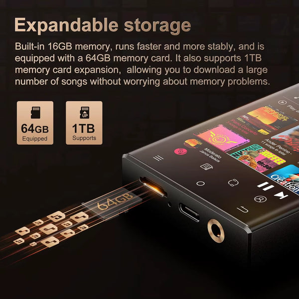 Hi-Fi MP3 Player with Bluetooth and Wifi,  Lossless DSD High-Resolution Digital Audio with 64GB Memory Card up to 1TB
