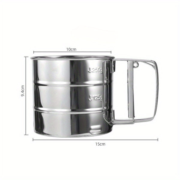 Heavy-Duty Stainless Steel Sieve Cup Sifter with Fine Mesh - Non-Stick Baking Strainer, Easy-Grip Handle for Flour, Cocoa, Sugar, Spices - Ideal for Home & Professional Kitchens - Durable Kitchen Tool, Modern Kitchenware, Shiny Metallic Finish