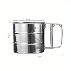 Heavy-Duty Stainless Steel Sieve Cup Sifter with Fine Mesh - Non-Stick Baking Strainer, Easy-Grip Handle for Flour, Cocoa, Sugar, Spices - Ideal for Home & Professional Kitchens - Durable Kitchen Tool, Modern Kitchenware, Shiny Metallic Finish