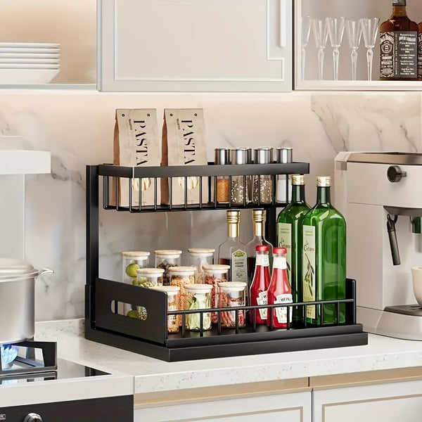 Pull-Out Organizer Rack, Multi-Functional Double-Layer Sundries Storage Rack, Large Capacity Sliding Storage Rack, Suitable for Kitchen And Bathroom, Home Organize And Storage, Home Additions