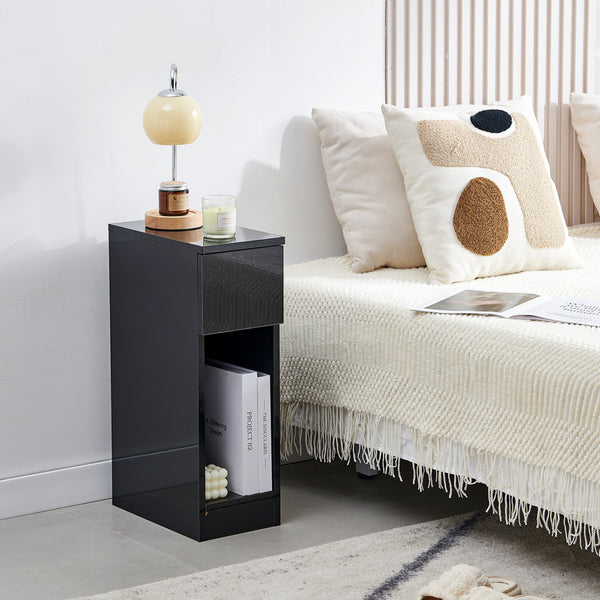 Slim Bedside Table, High Gloss Narrow Nightstand, Small Bedside Cabinet with Storage Space Saving for Bedroom Storage Unit, Living Room Small Sofa Side End Table