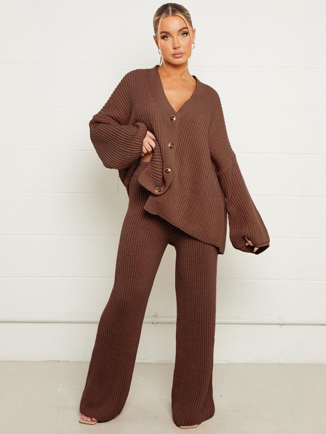 KatchMe Women's Solid Color Slouchy V-Neck Button Stretch Cardigan & Wide Leg Trousers Co-ord, Loose Fall & Winter Two Piece Outfits