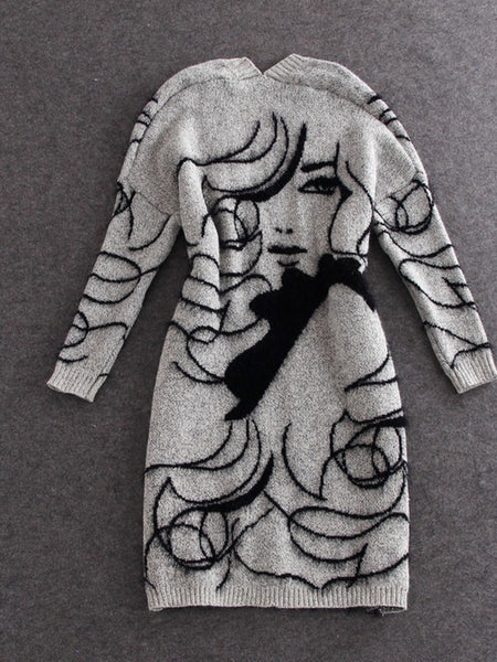 Women'S Abstract Batwing Sleeve Cardigan Sweater - High Neck & Contrast with Greyish- Tones, Mid-Length Casual Winter Fall Jacket, Cozy Character Pattern Design for Layering, Semi-Formal & Casual Attire, Cardigan Sweaters for Women