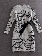 Women'S Abstract Batwing Sleeve Cardigan Sweater - High Neck & Contrast with Greyish- Tones, Mid-Length Casual Winter Fall Jacket, Cozy Character Pattern Design for Layering, Semi-Formal & Casual Attire, Cardigan Sweaters for Women