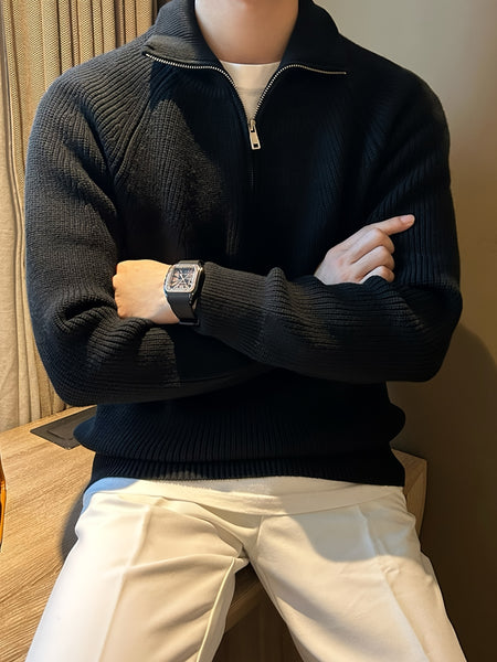 Men's Solid Color Minimalist Raglan Sleeve Thick Zip-Up Sweater for Autumn/Winter
