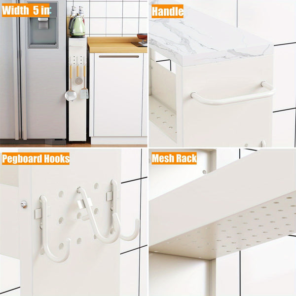 4-Tier White Rolling Storage Cart – Carbon Steel Slim Design with Wheels for Kitchen, Bathroom & Laundry Room Organization, Spice Rack & Condiment Storage, Compact Mobility for Narrow Spaces