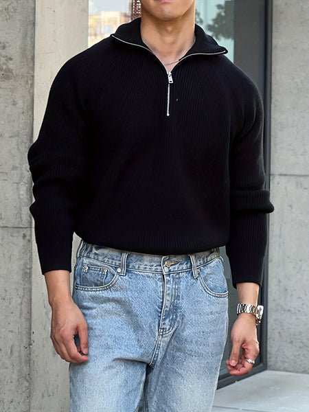 Men's Solid Color Minimalist Raglan Sleeve Thick Zip-Up Sweater for Autumn/Winter