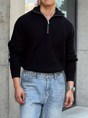 Men's Solid Color Minimalist Raglan Sleeve Thick Zip-Up Sweater for Autumn/Winter