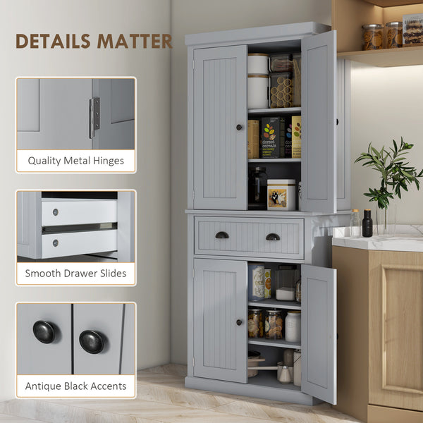 183 cm Tall Kitchen Cabinet, Freestanding Storage Cabinet with 4 Doors, Drawer and Adjustable Shelves, Kitchen Cupboard for Dining Room, White