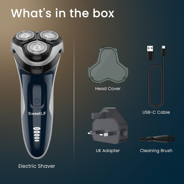 Sweetlf Electric Razor for Men, 120 Min Shaving, Fast UK Adapter (1H Charging),100% Waterproof, Wet & Dry Rotary Shavers for Men with Pop-Up Trimmer, LED Display, Dark Blue