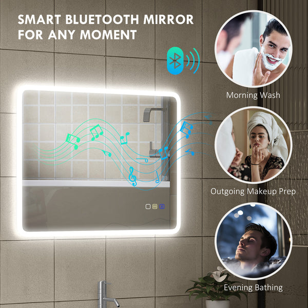 Backlit Illuminated Bathroom Mirror with LED Lights and Bluetooth, Wall Mounted Vanity Mirror with 3 Colours Dimmable, Anti-Fog, Memory Function, Touch Switch, IP44
