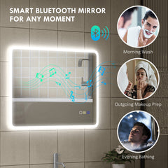 Backlit Illuminated Bathroom Mirror with LED Lights and Bluetooth, Wall Mounted Vanity Mirror with 3 Colours Dimmable, Anti-Fog, Memory Function, Touch Switch, IP44
