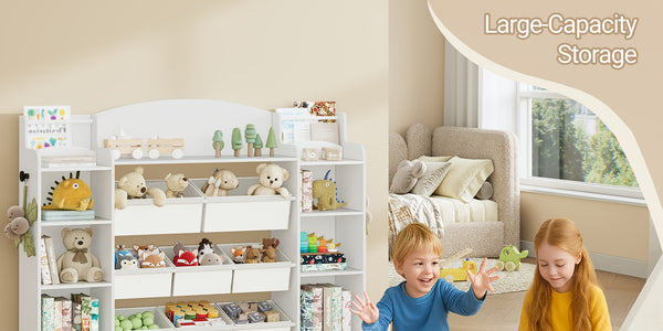 Toy Storage Units and Bookcase | With 8 Fabric Bins, Open Shelves, Display Rack, Suitable for Bedroom, Nursery, Playroom, Kindergarten, White - HZUANERI