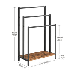 Blanket Rack, Wardrobe Quilt Rack, Freestanding Towel Holder for Bathroom, Drying Stand with 3 Towel Rails And Storage Shelf, Metal, for Bath And Hand Towels, Rustic Brown And Black