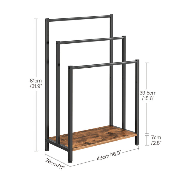 Blanket Rack, Wardrobe Quilt Rack, Freestanding Towel Holder for Bathroom, Drying Stand with 3 Towel Rails And Storage Shelf, Metal, for Bath And Hand Towels, Rustic Brown And Black