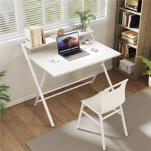 Costoffs 2-Tier Foldable Computer Desk with Monitor Shelf, Portable Laptop Table for Home Office Dorm Small Space, Modern Compact PC Desk, Black/White/Wood