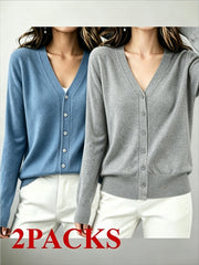 2pcs (2-Pack) Women's Soft Cardigan Sweater - V-Neck Button Button-Front Closure, -Line Regular Fit Button Collar Sweaters Suitable for Daily Wear, Spring/Summer Blouses for Office, Casual & Layering