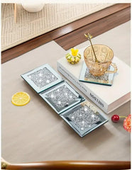 Set of 4 Square Crystal Coasters – 10cm Glass Mirrored Drink Coasters with Glitter Crushed Diamond Design – Elegant Coasters for Home, Kitchen, Bar, or Table Decoration